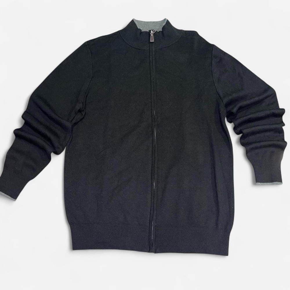 TailorByrd Collection Mens Black Full Zip Mock Neck Sweater Grey Trim Size M